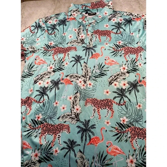 Greenside Golf Polo Mens Large Flamingos & Cheetas Tropical Vacation Print - Picture 10 of 10